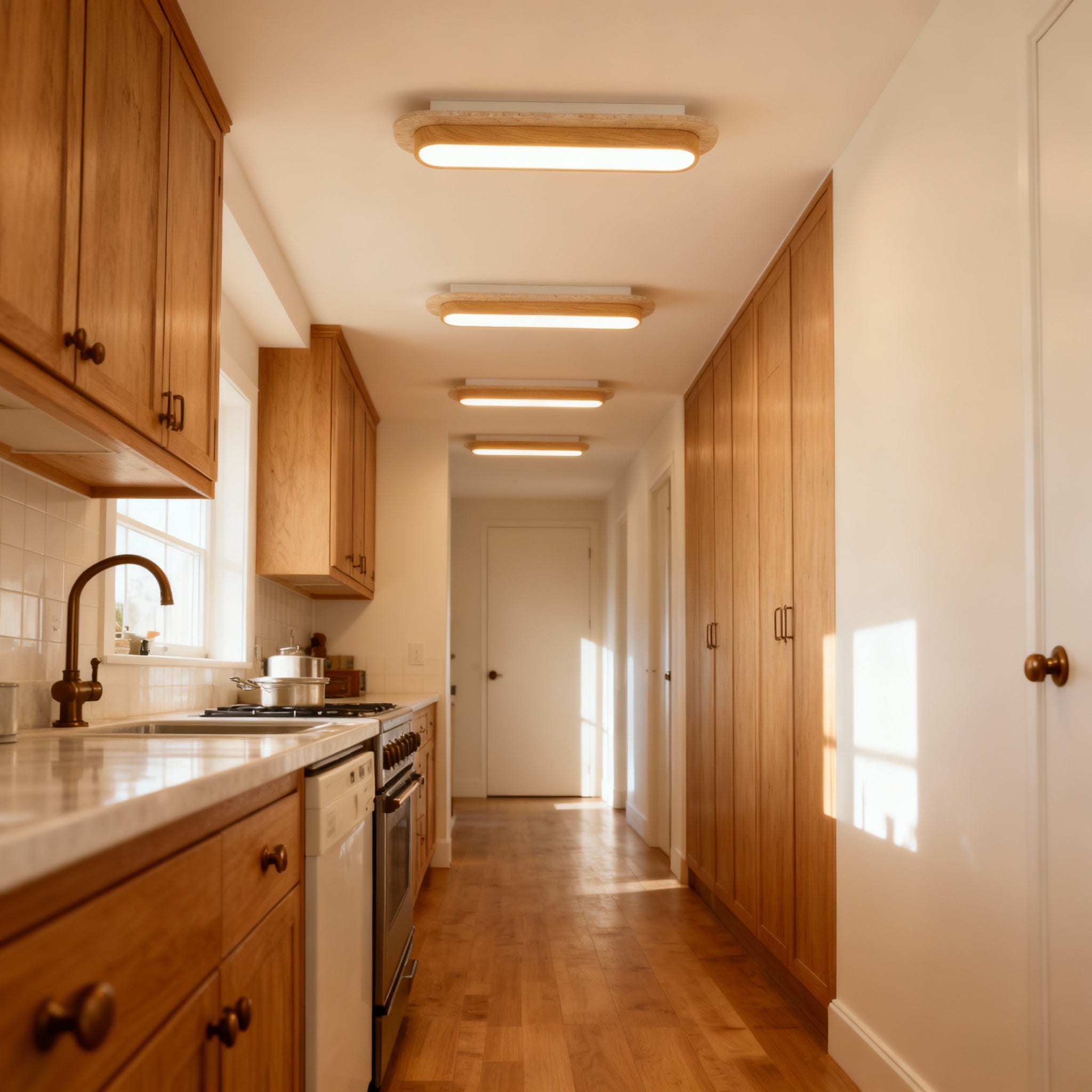 AuroraStone Natural Stone Flush Mount Ceiling Light With Wood Finish Frame | Temsk