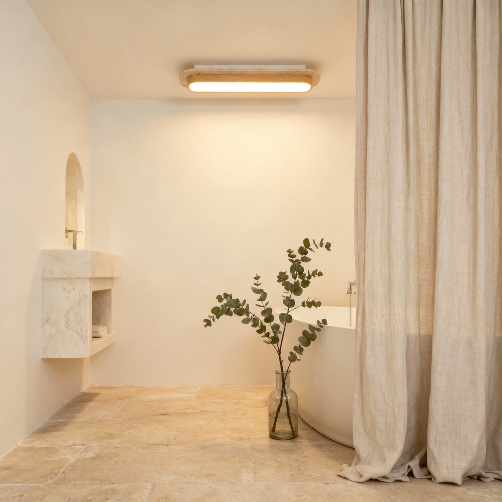 AuroraStone Natural Stone Flush Mount Ceiling Light With Wood Finish Frame | Temsk