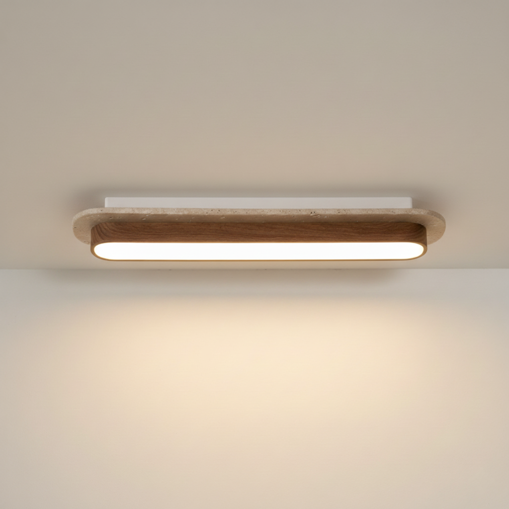 AuroraStone Natural Stone Flush Mount Ceiling Light With Wood Finish Frame | Temsk