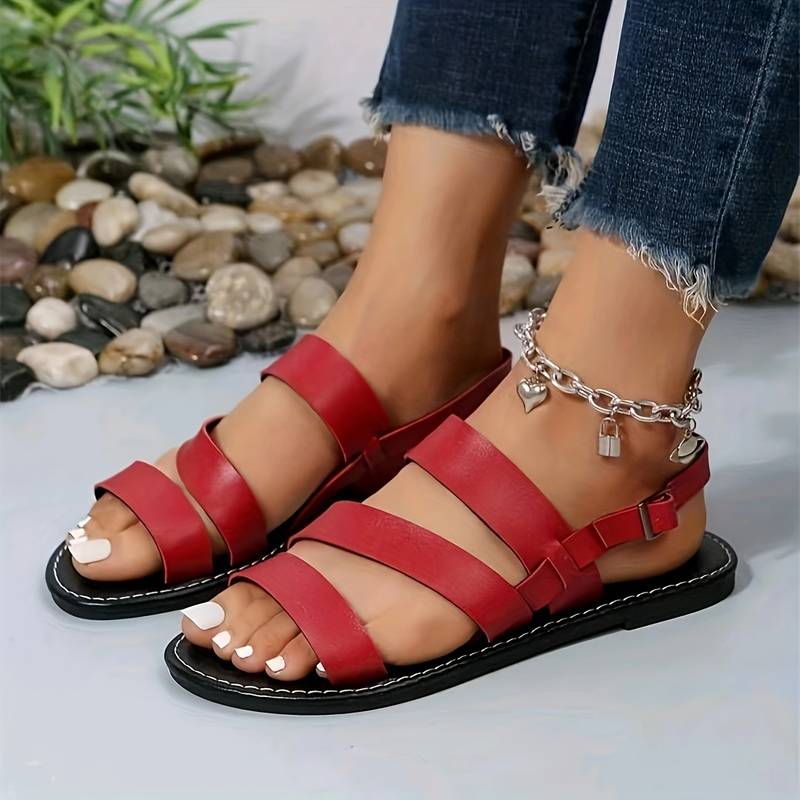 Vegan Leather Three-Strap Flat Sandals for Comfortable Footwear | Temsk