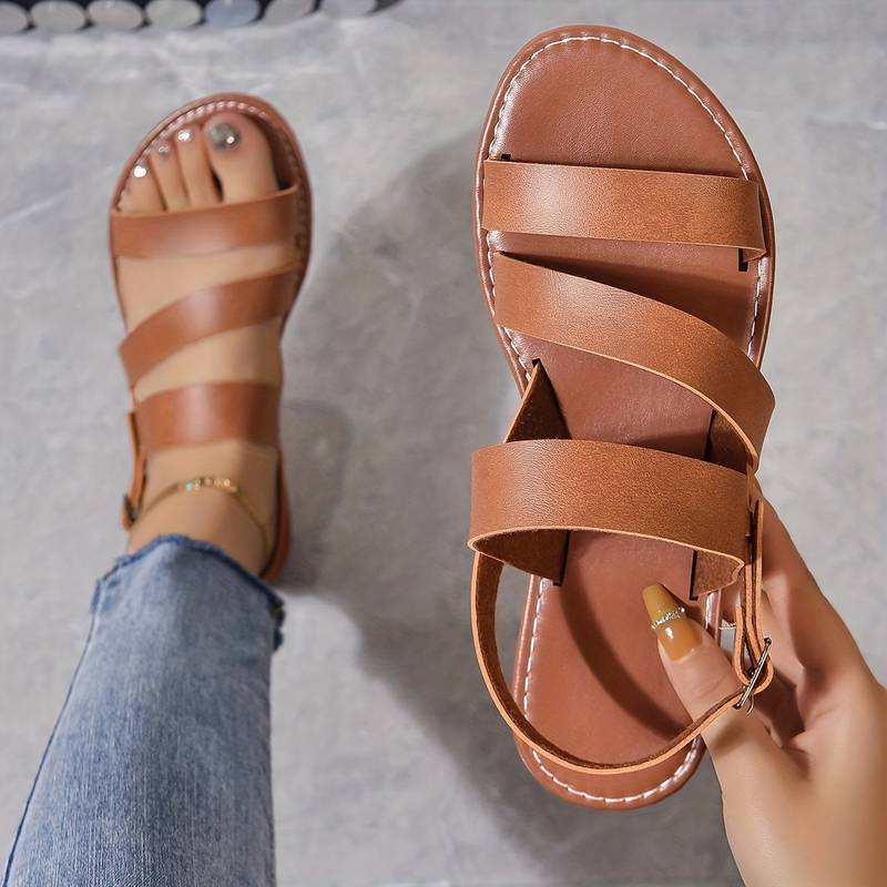 Vegan Leather Three-Strap Flat Sandals for Comfortable Footwear | Temsk