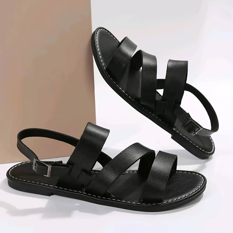 Vegan Leather Three-Strap Flat Sandals for Comfortable Footwear | Temsk