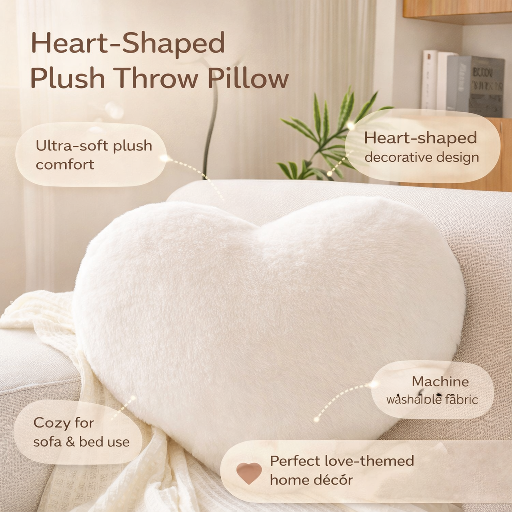 Heart Shape Plush Cozy Throw Pillow For Sofa Decor | Temsk