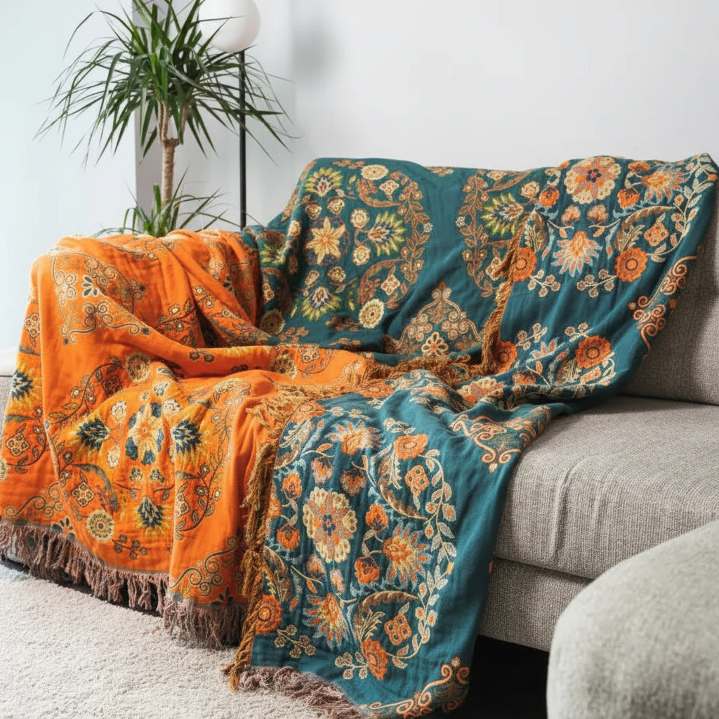 Floral Reversible Cotton Gauze Throw For Sofa And Bed Cover | Temsk