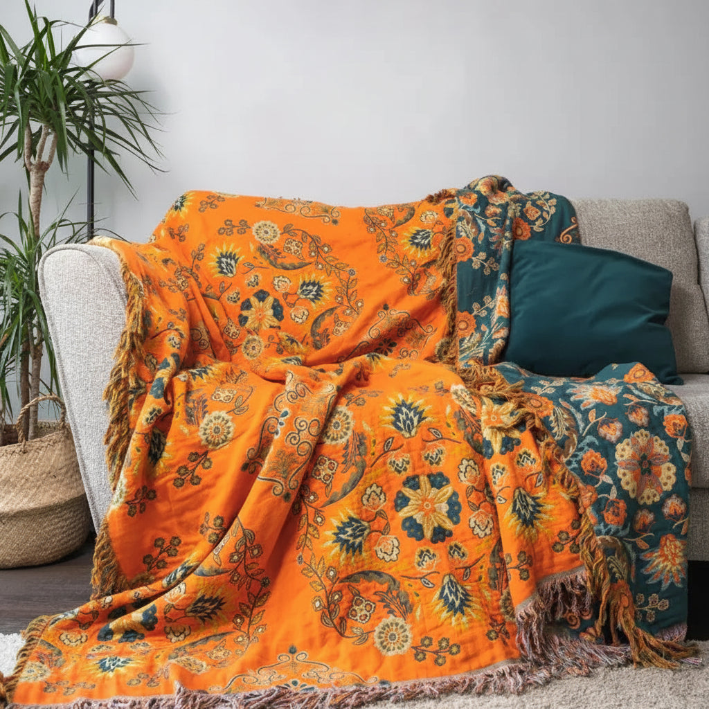 Floral Reversible Cotton Gauze Throw For Sofa And Bed Cover | Temsk