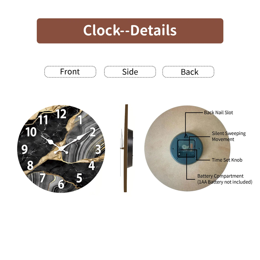 MarbellaTime Moderne runde Holz-Wanduhr mit Marmor-Muster, geräuschlos | Temsk