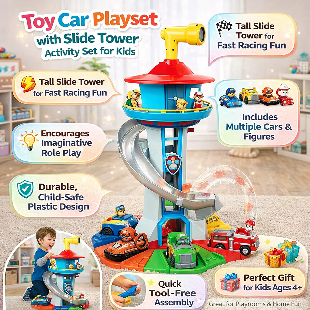 Colorful Car Playset With Spiral Slide Tower And Lookout Station | Temsk