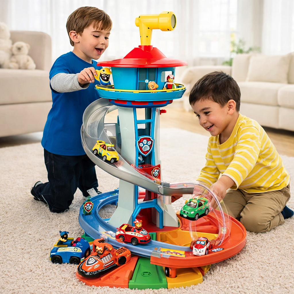 Kinder-Rennwagen-Spielset mit Turmrutsche und Looping-Strecke für Spielspaß | Temsk
