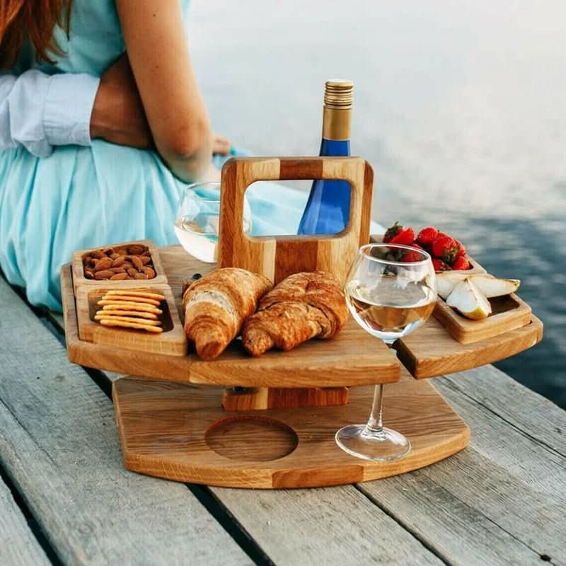 Trailside Foldable Wooden Picnic Table With Glass Holders And Snack Compartments | Temsk