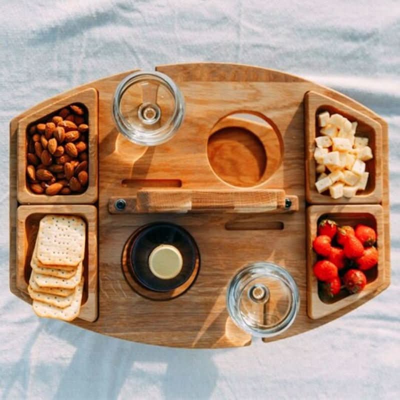Trailside Foldable Wooden Picnic Table With Glass Holders And Snack Compartments | Temsk