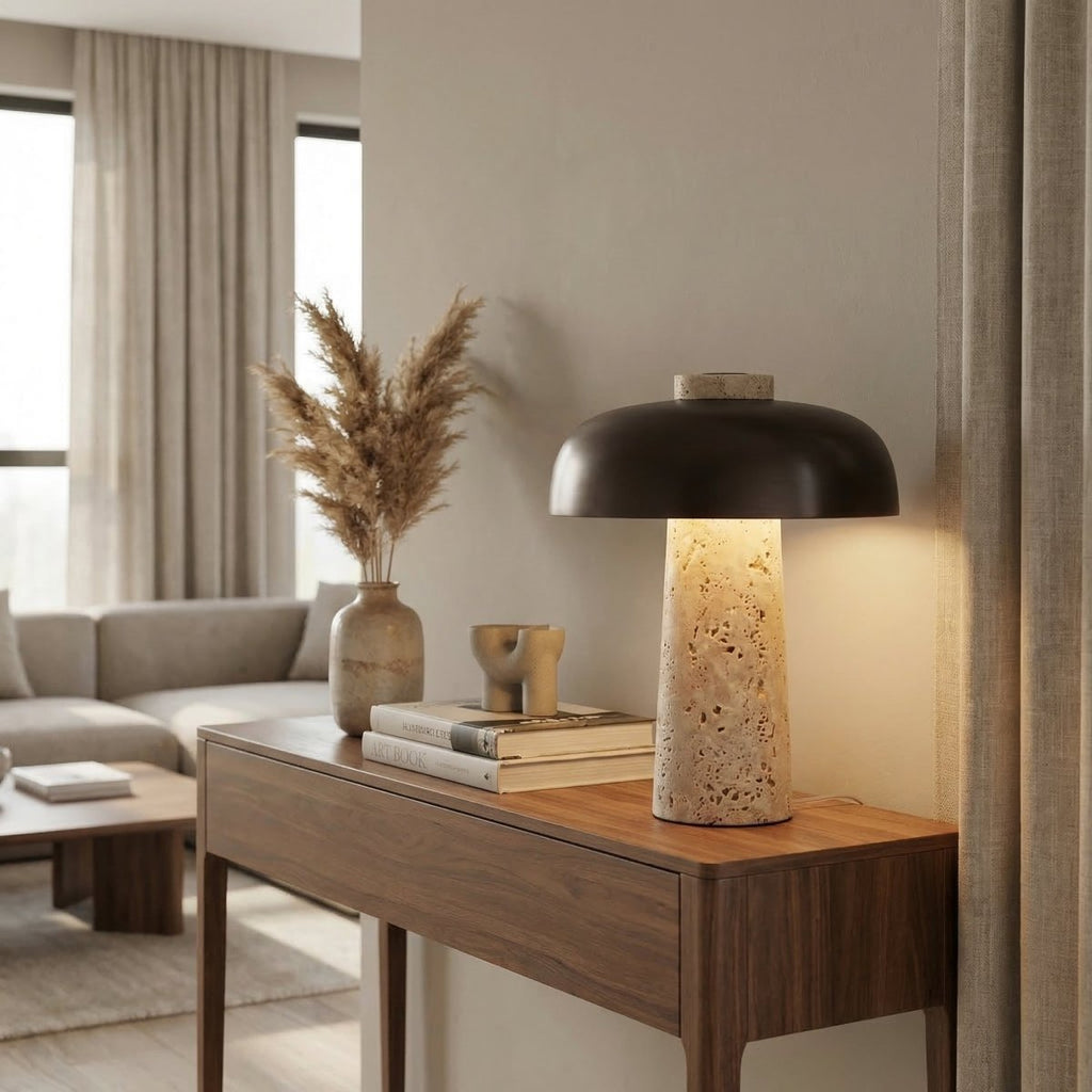 Travertine Mushroom Table Lamp With Modern Design, 15 Inches Tall | Temsk