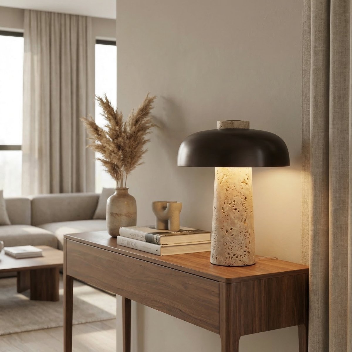 Travertine Mushroom Table Lamp With Modern Design, 15 Inches Tall | Temsk