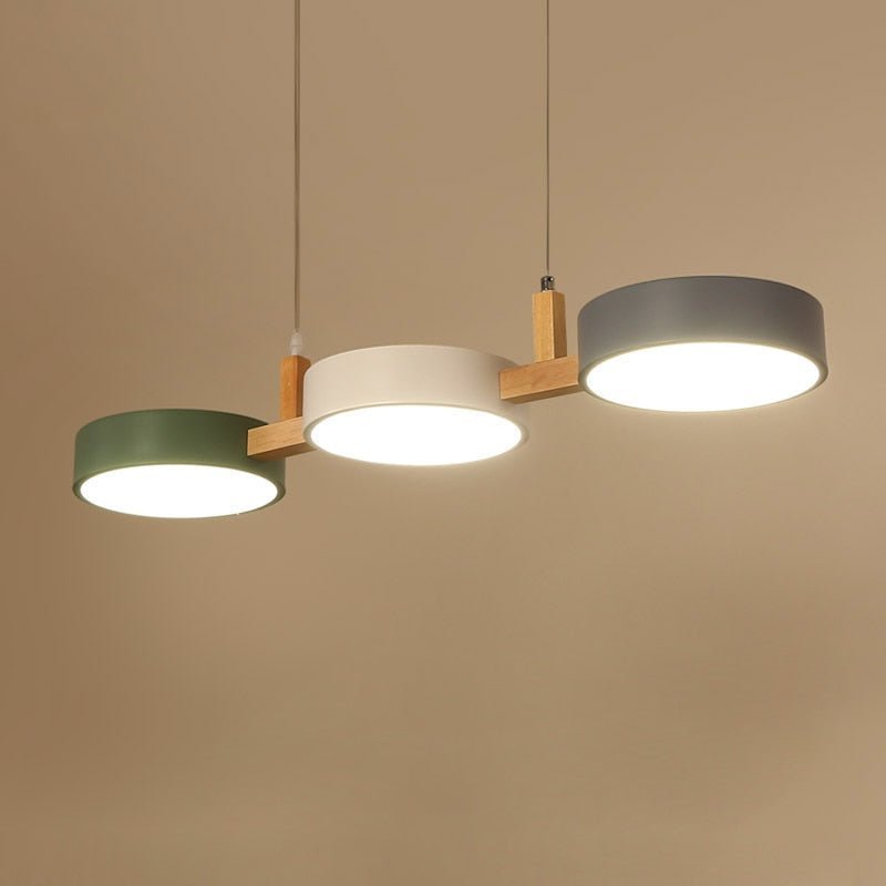Pendant Light With Wooden Frame And Triple Circular Shades | Temsk
