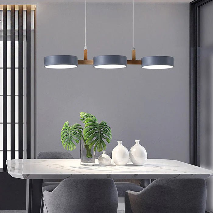Pendant Light With Wooden Frame And Triple Circular Shades | Temsk