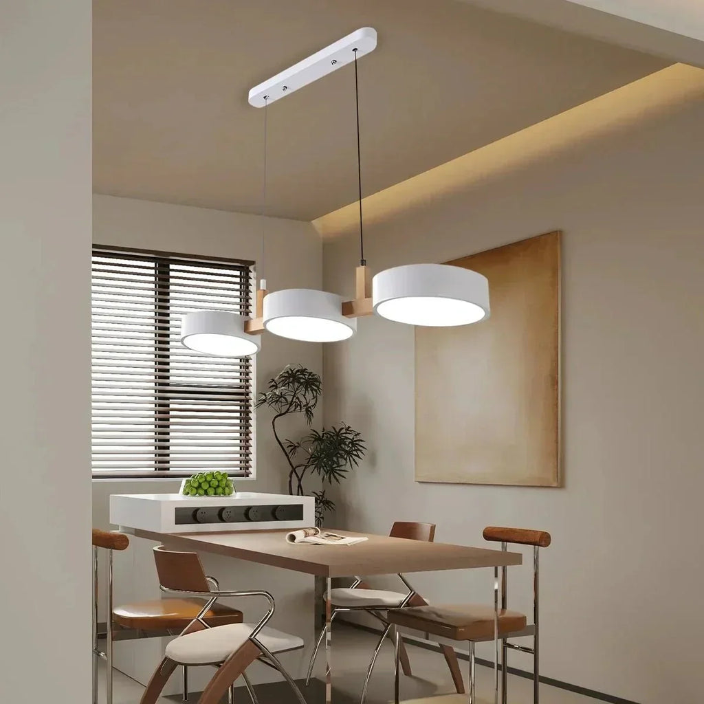 Pendant Light With Wooden Frame And Triple Circular Shades | Temsk