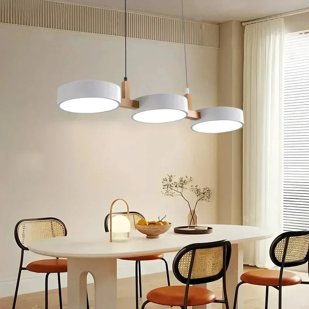Pendant Light With Wooden Frame And Triple Circular Shades | Temsk