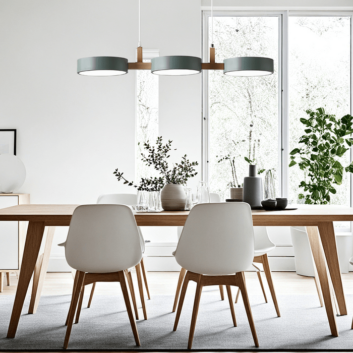 Pendant Light With Wooden Frame And Triple Circular Shades | Temsk