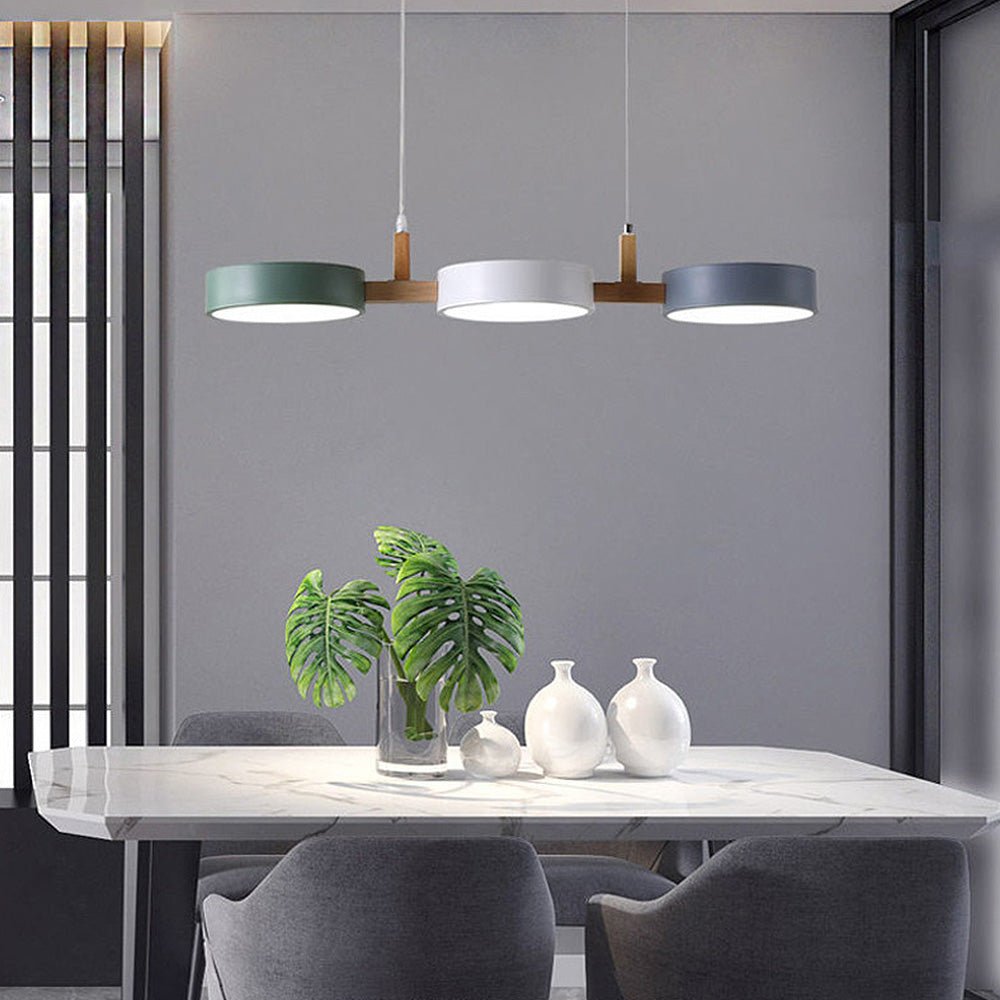 Pendant Light With Wooden Frame And Triple Circular Shades | Temsk