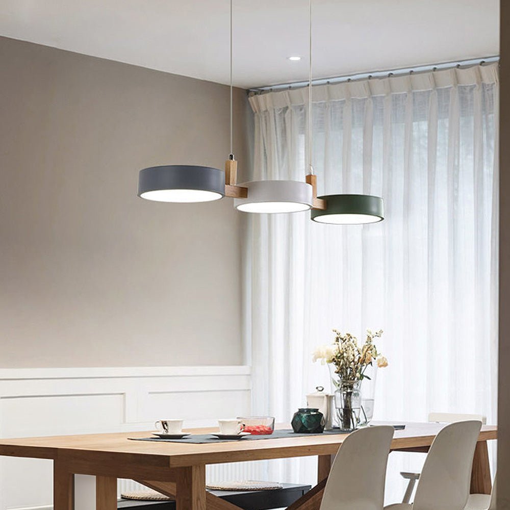 Pendant Light With Wooden Frame And Triple Circular Shades | Temsk