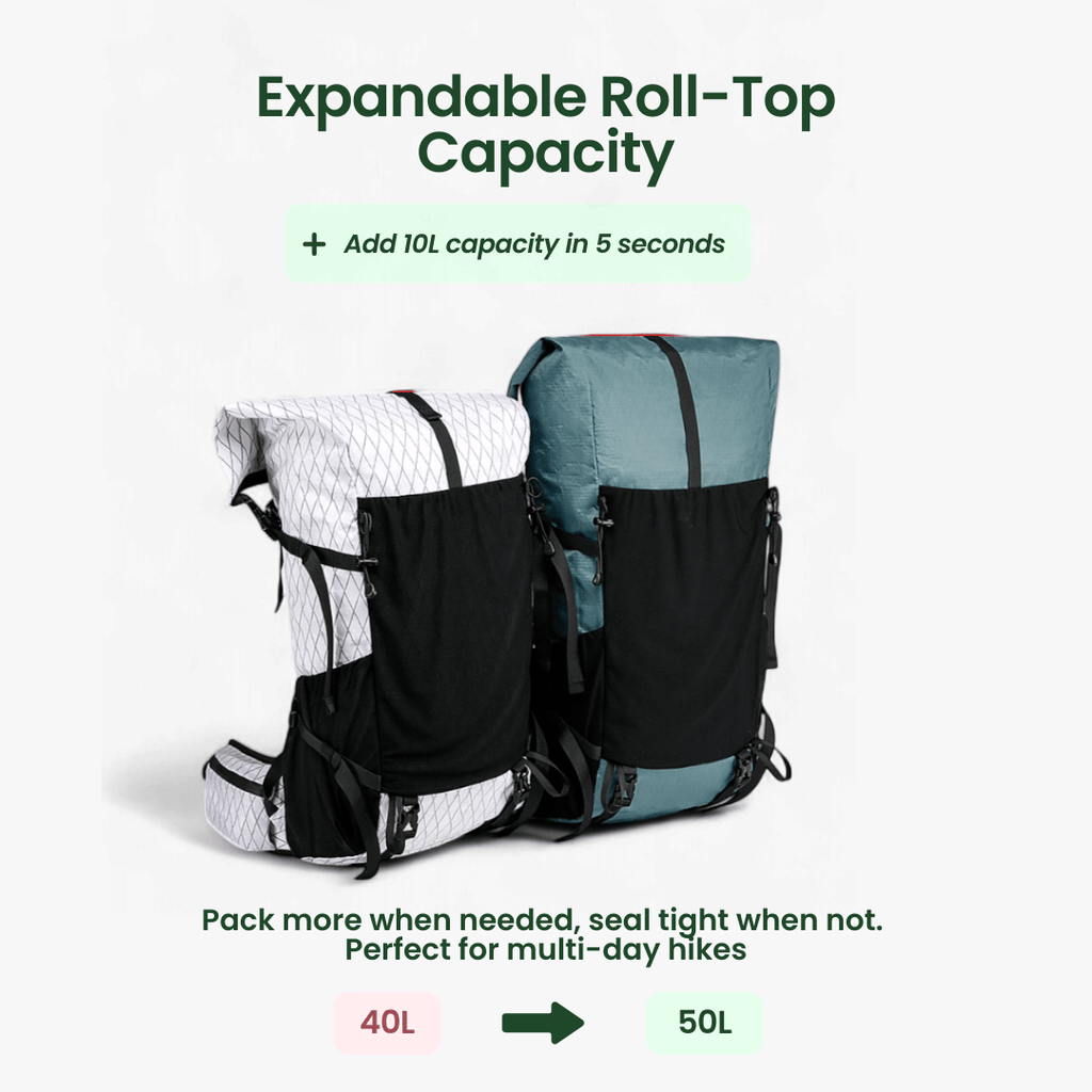 AeroTrail 50L Ultralight Expandable Adventure Backpack With Rolltop | Temsk