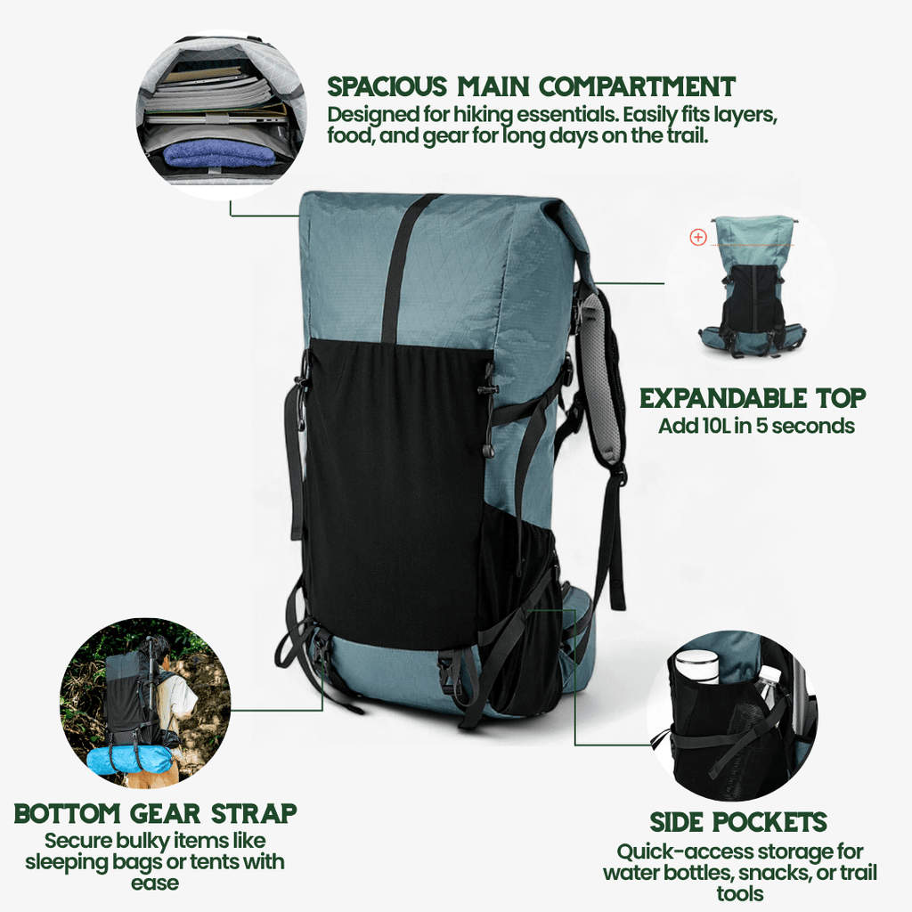 AeroTrail 50L Ultralight Expandable Adventure Backpack With Rolltop | Temsk