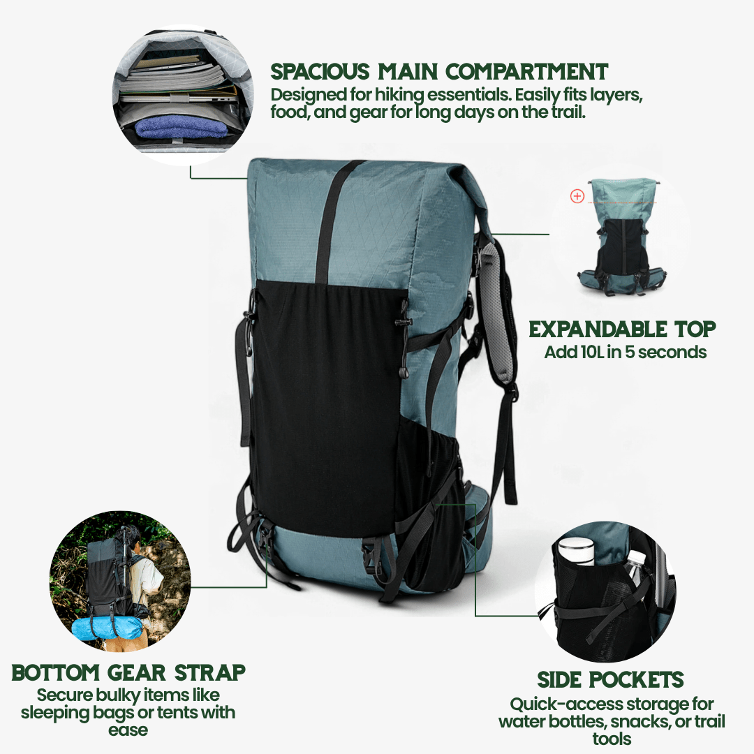 AeroTrail 50L Ultralight Expandable Adventure Backpack With Rolltop | Temsk