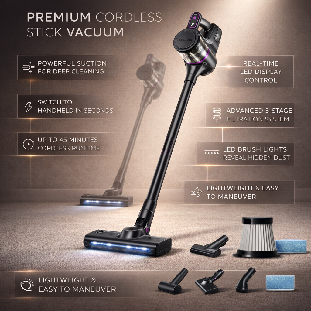 Rechargeable Stick Vacuum Cleaner With LED Display And Floor Brush | Temsk