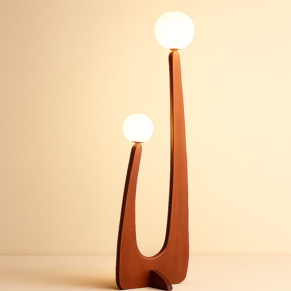 Arcwood zakřivená moderní stojací lampa se skleněnými koulemi | Temsk