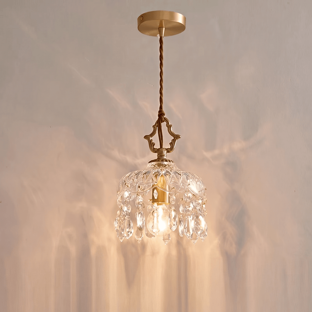 Vintage Glass Pendant Light With Brass And Crystal Accents, 12 Inches | Temsk