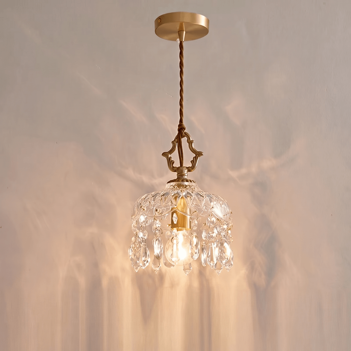 Vintage Glass Pendant Light With Brass And Crystal Accents, 12 Inches | Temsk