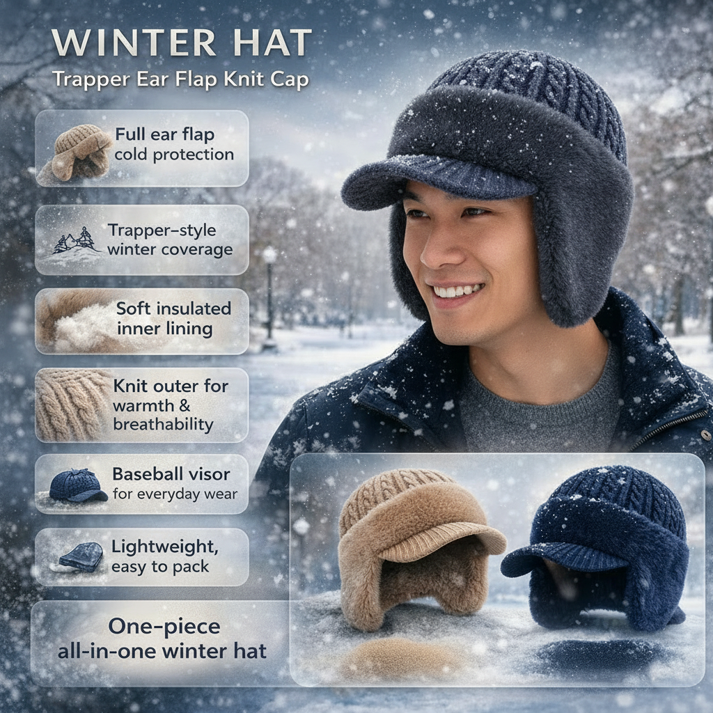 Gemütliche Strickmütze mit Ohrenklappen im Trapper-Design für kaltes Wetter | Temsk
