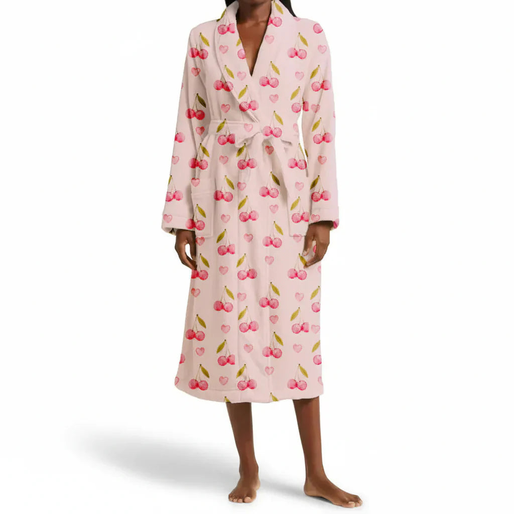 Floral Flannel Bathrobe With Shawl Collar And Tie Waist | Temsk