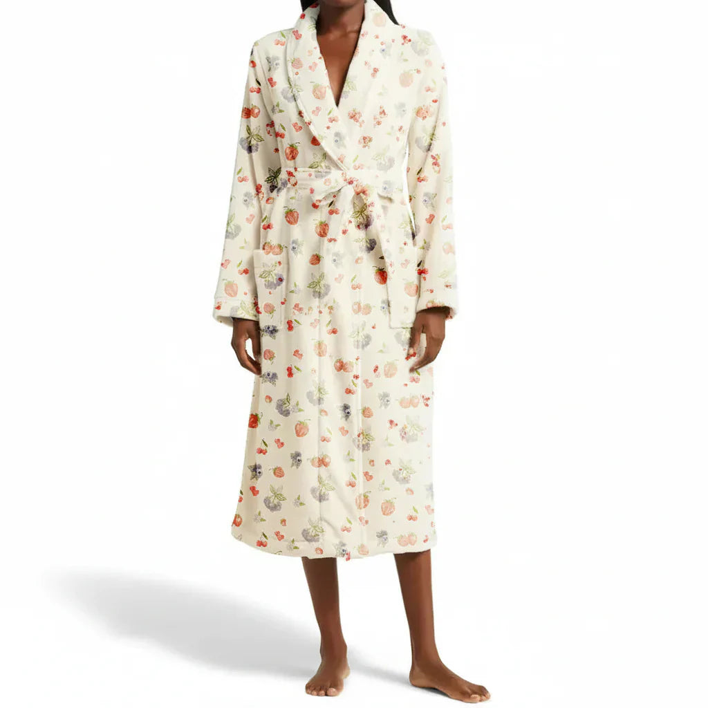 Floral Flannel Bathrobe With Shawl Collar And Tie Waist | Temsk
