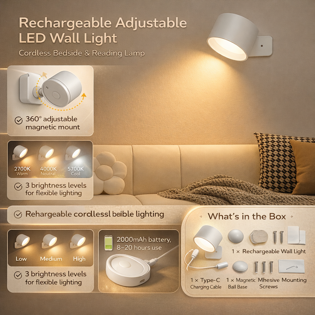 Verstellbare Wandleuchte mit magnetischer Halterung und wiederaufladbarer LED | Temsk