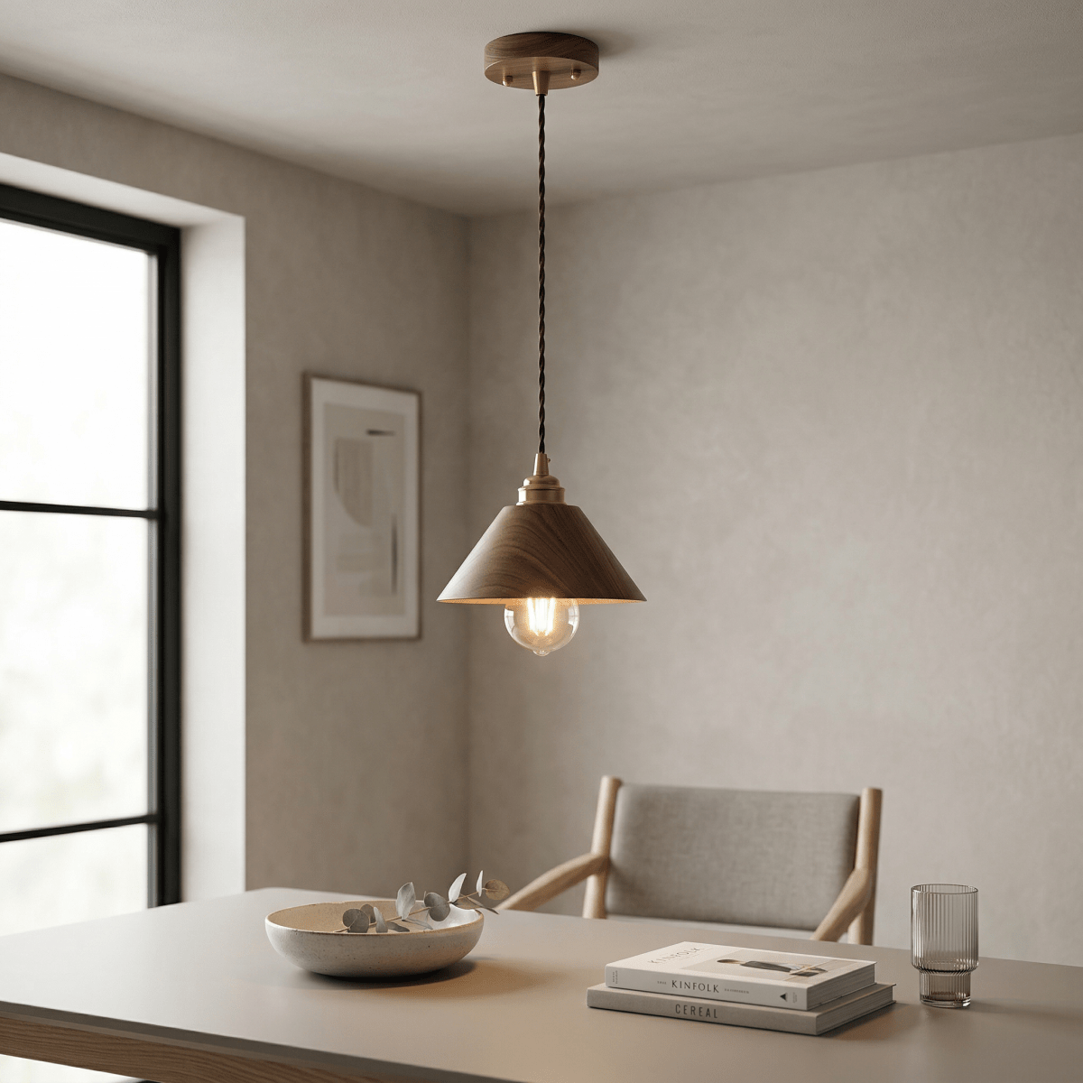 Valnøddetræ kegle pendellampe, moderne design, 12 tommer | Temsk