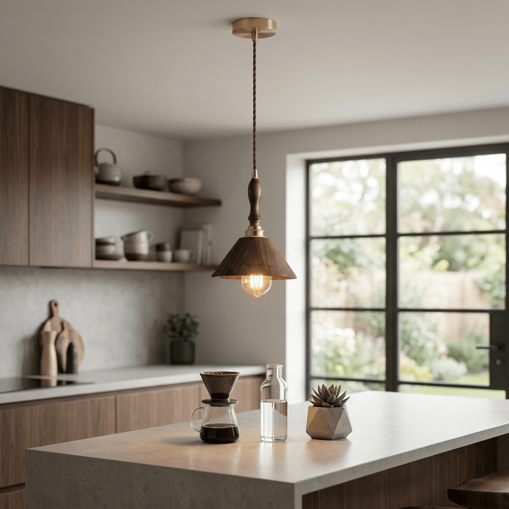 Valnøddetræ kegle pendellampe, moderne design, 12 tommer | Temsk