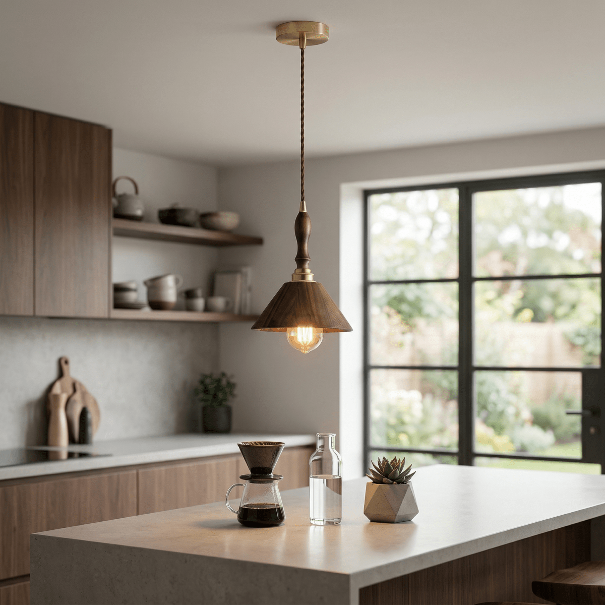 Valnøddetræ kegle pendellampe, moderne design, 12 tommer | Temsk
