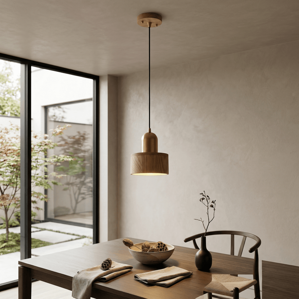 Modern Design Walnut Wood Cylinder Pendant Light, 12-Inch Height | Temsk