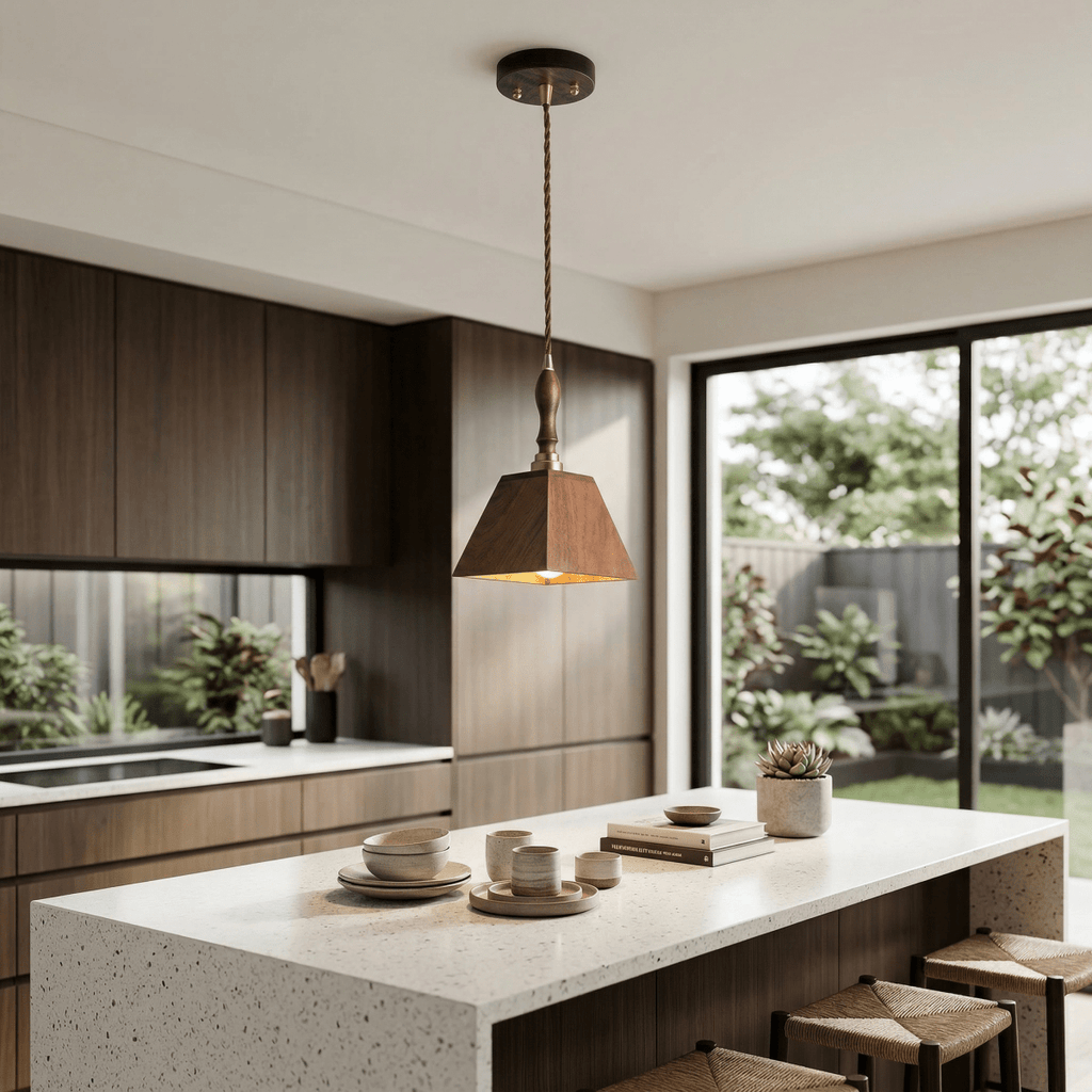 Pyramid Pendant Light Fixture In Walnut Wood, Modern Design, 12 Inches | Temsk