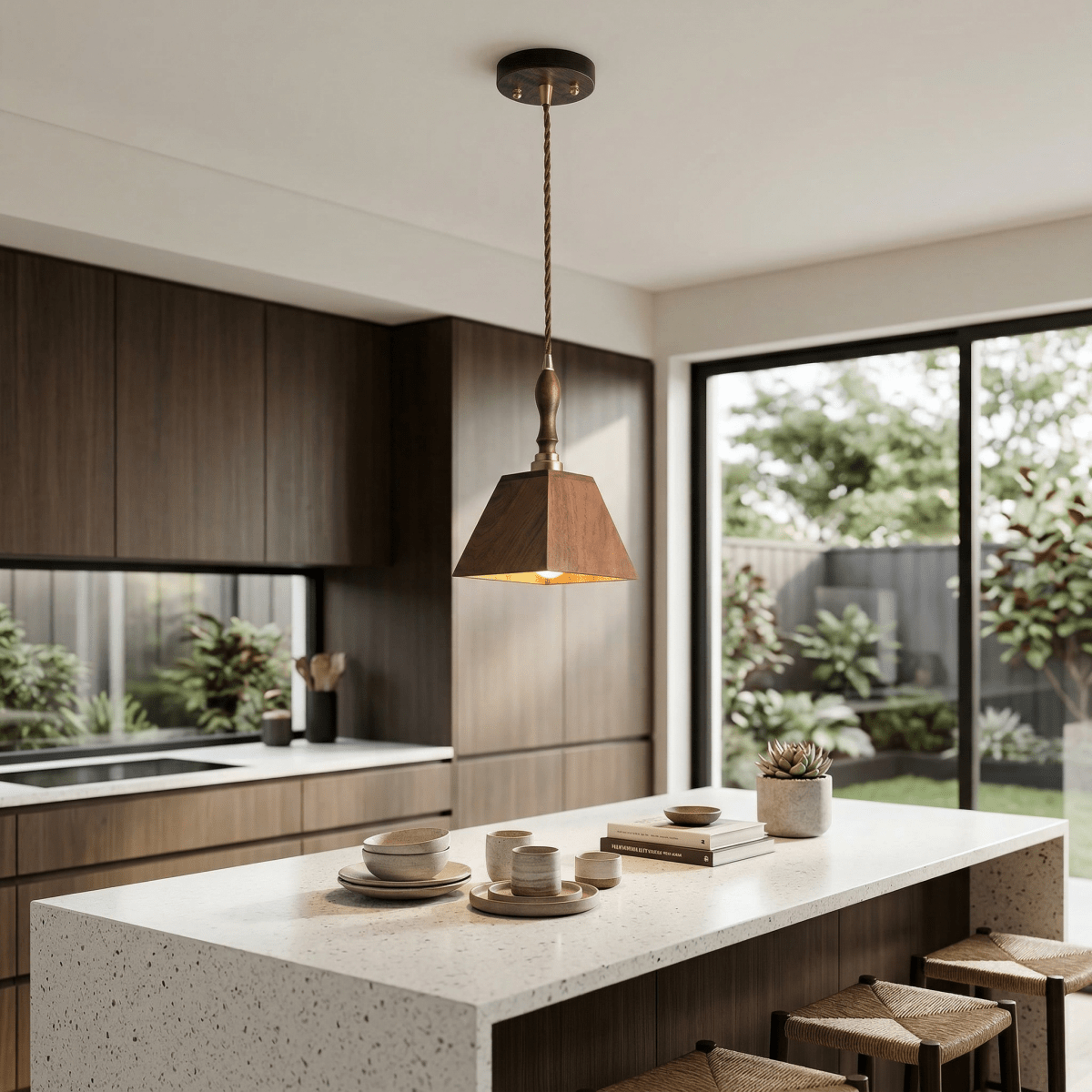 Pyramid Pendant Light Fixture In Walnut Wood, Modern Design, 12 Inches | Temsk