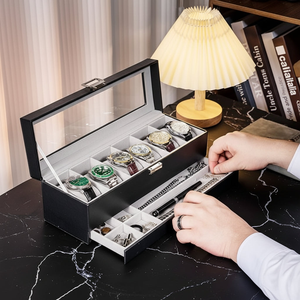 Two-Tier Watch Organizer Box With Drawer, 6 Slots, Glass Lid | Temsk