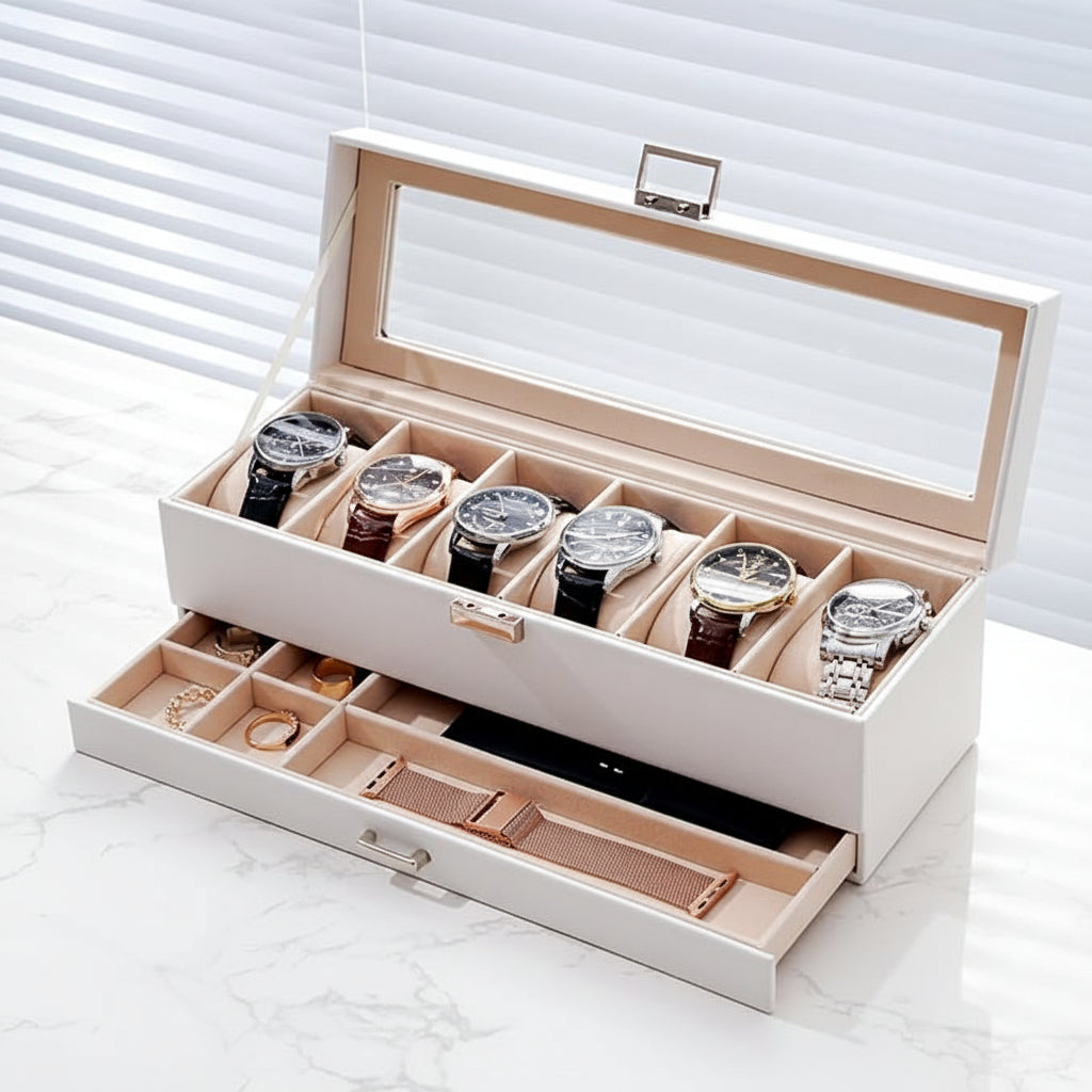 Two-Tier Watch Organizer Box With Drawer, 6 Slots, Glass Lid | Temsk