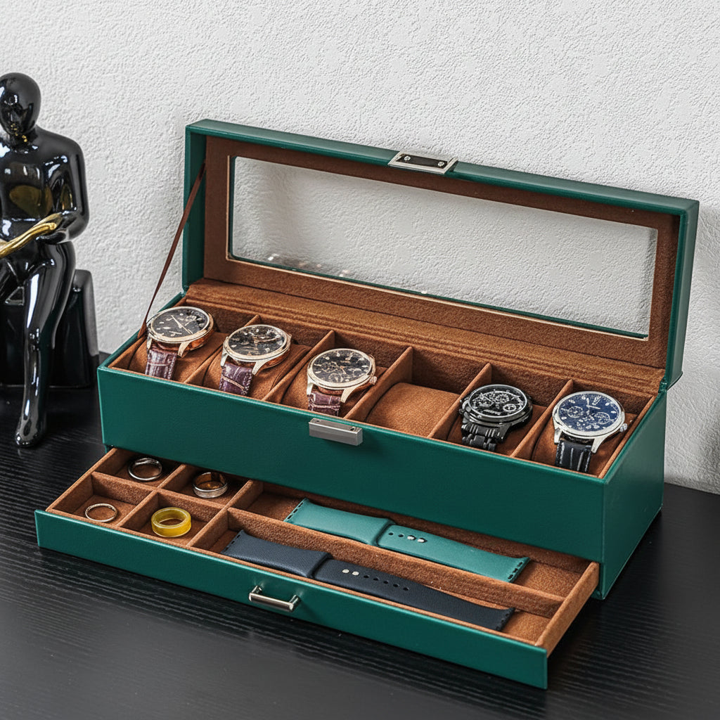 Two-Tier Watch Organizer Box With Drawer, 6 Slots, Glass Lid | Temsk