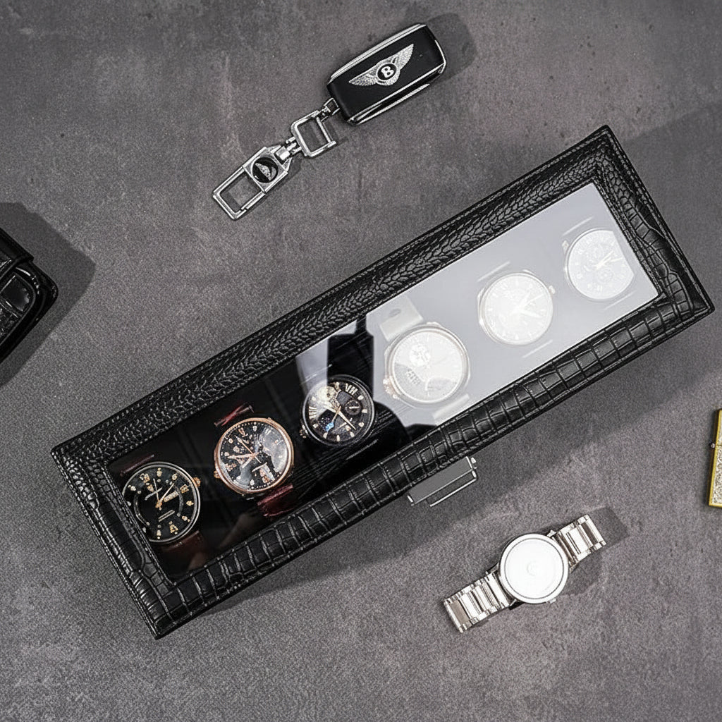 Two-Tier Watch Organizer Box With Drawer, 6 Slots, Glass Lid | Temsk