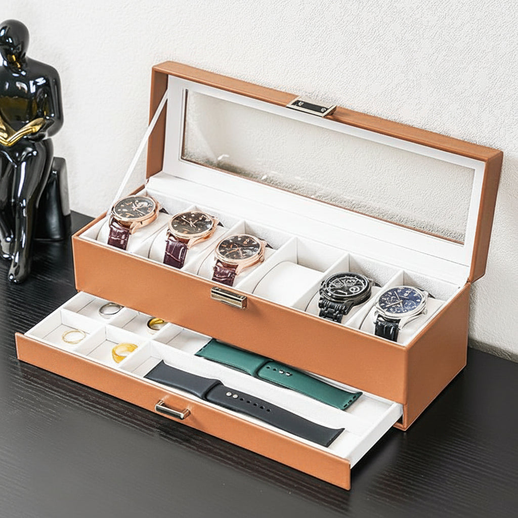 Two-Tier Watch Organizer Box With Drawer, 6 Slots, Glass Lid | Temsk