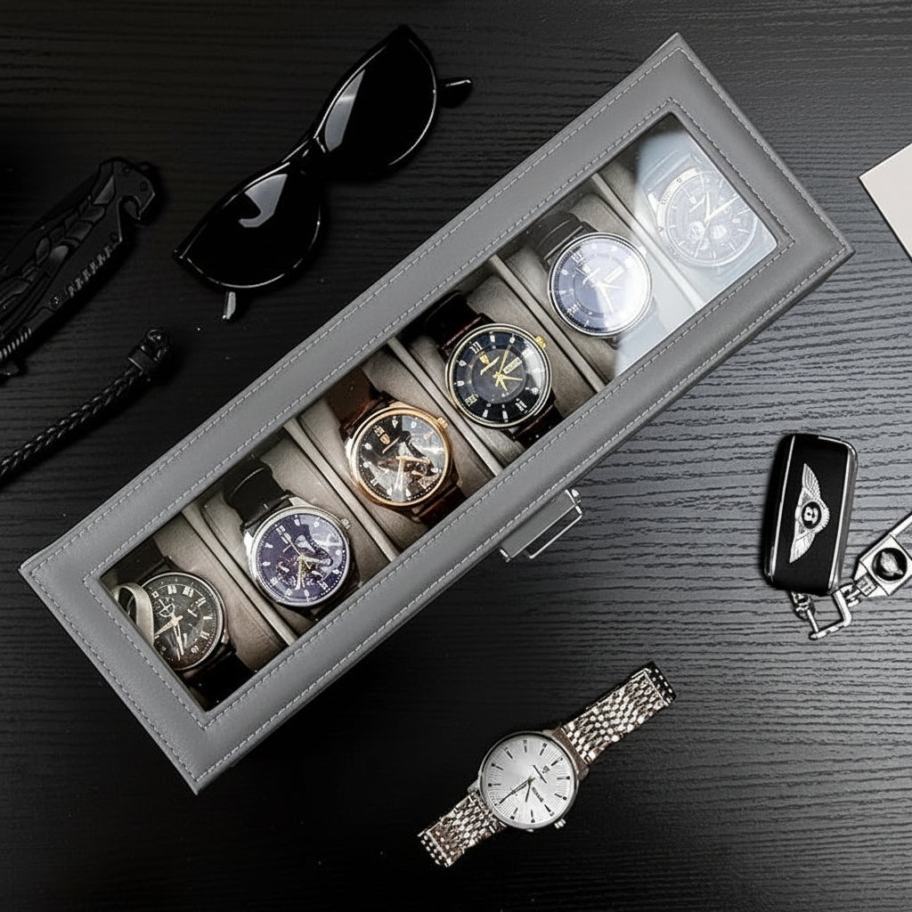 Two-Tier Watch Organizer Box With Drawer, 6 Slots, Glass Lid | Temsk