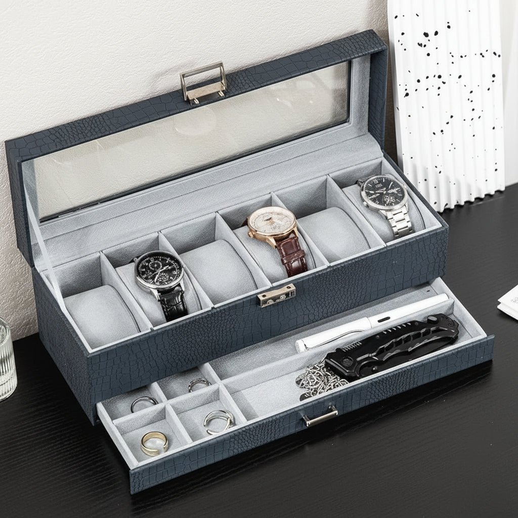 Two-Tier Watch Organizer Box With Drawer, 6 Slots, Glass Lid | Temsk
