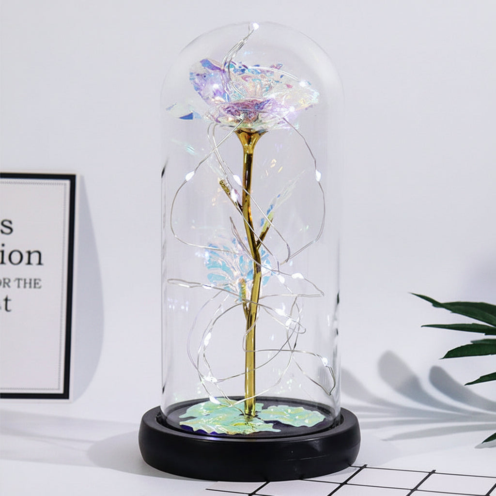Mothers Day Rose Figure Display Under Glass Dome With Soft Lights | Temsk