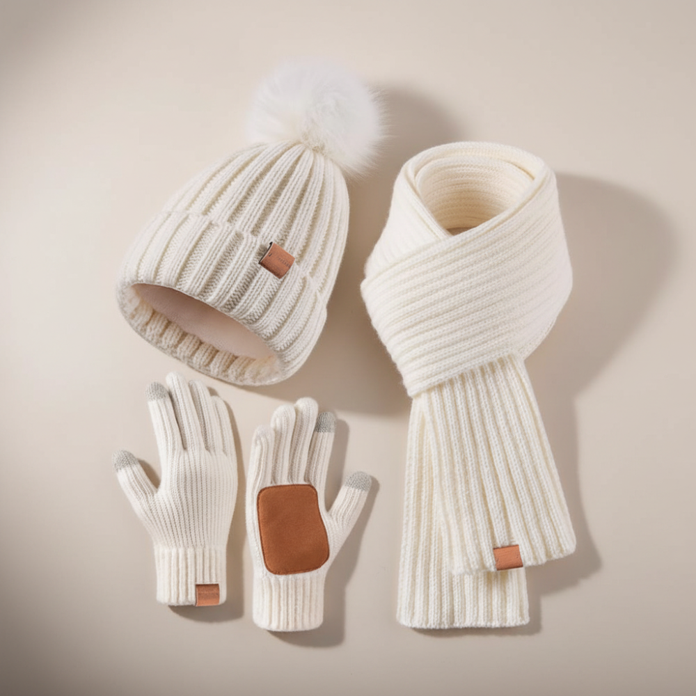 Gemütliches Strickmützen-, Schal- und Touchscreen-Handschuh-Set für den Winter | Temsk