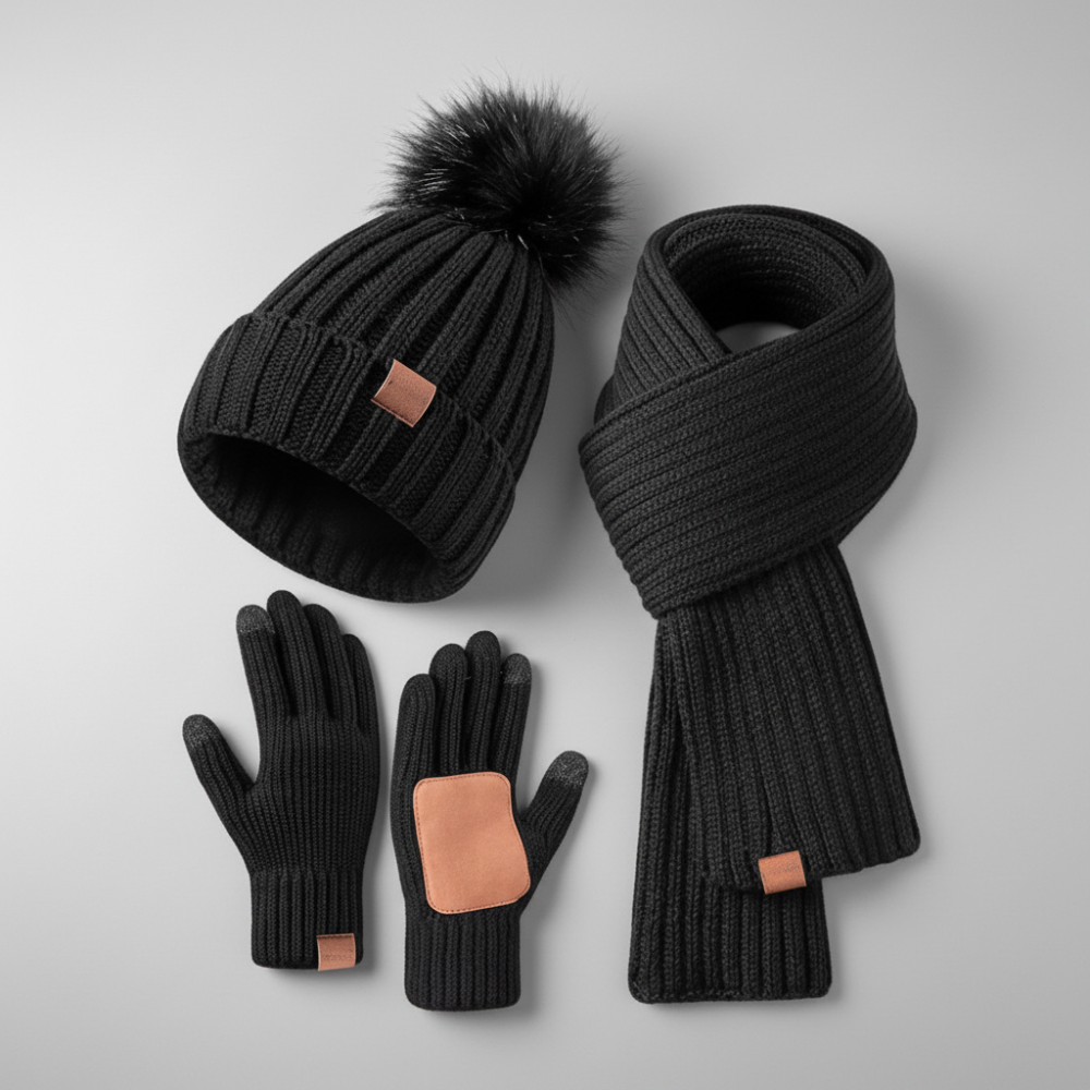 Gemütliches Strickmützen-, Schal- und Touchscreen-Handschuh-Set für den Winter | Temsk